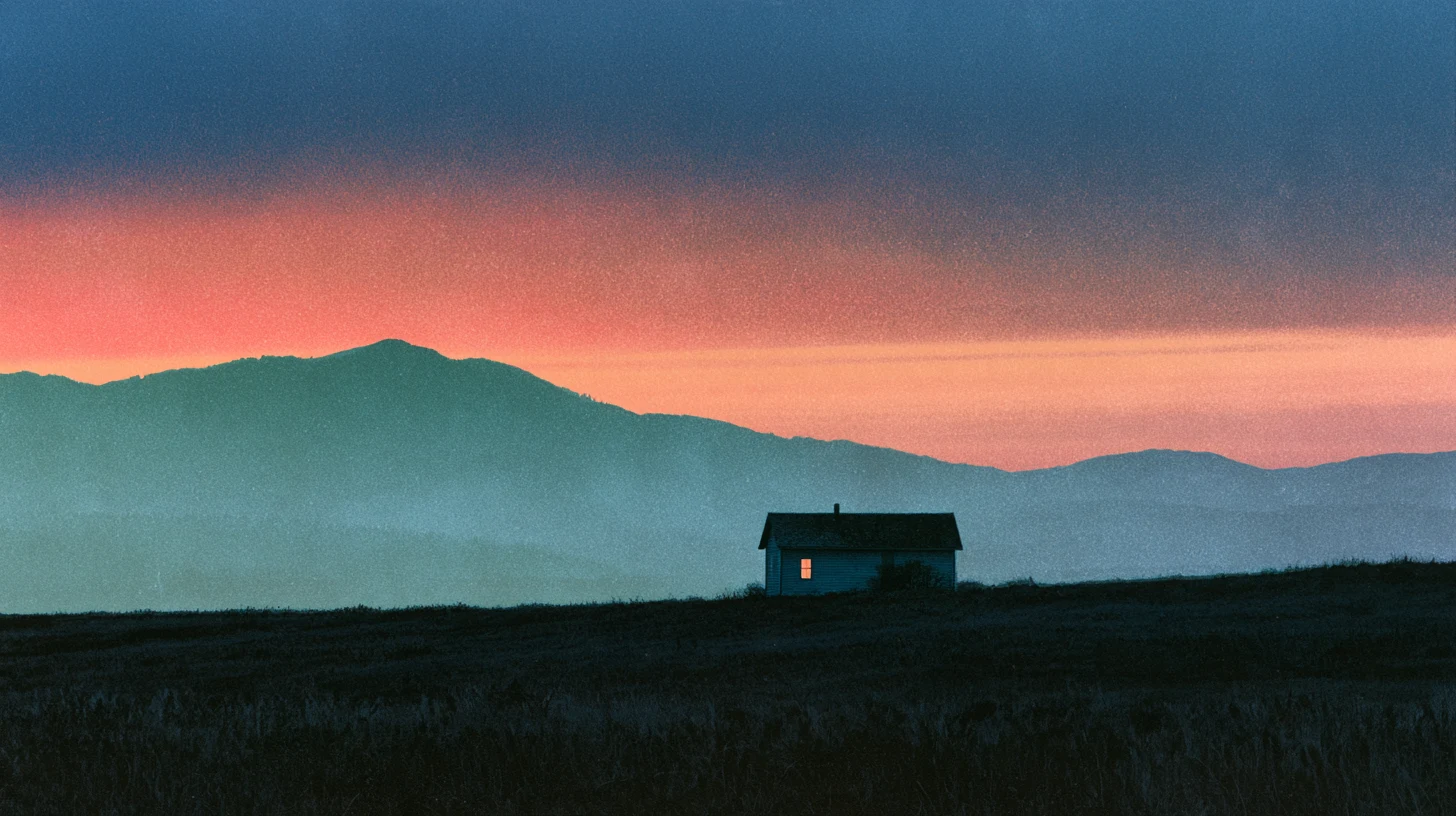 One small cabin with a lit window in a wide valley at dusk, in grainy color.